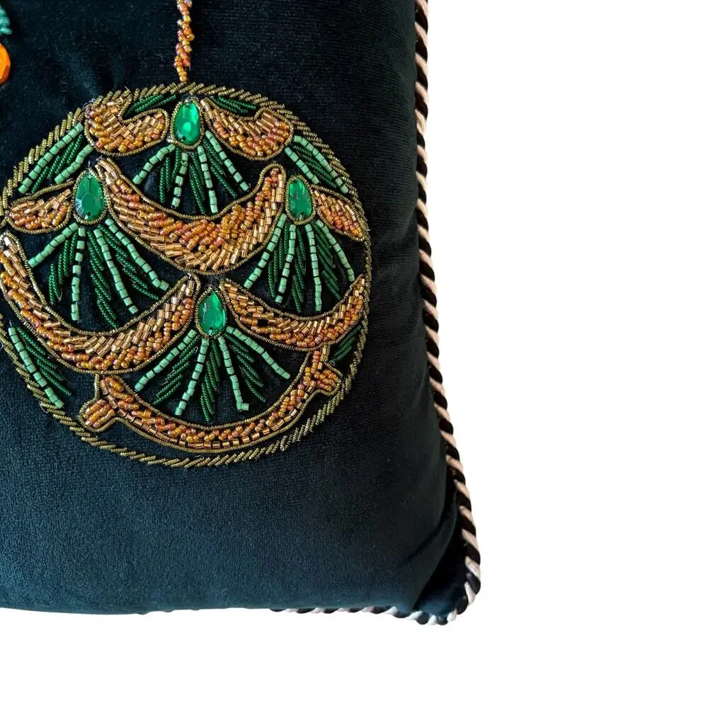 NEW MacKenzie-Childs Emerald Ornaments Beaded Throw Pillow 18x18